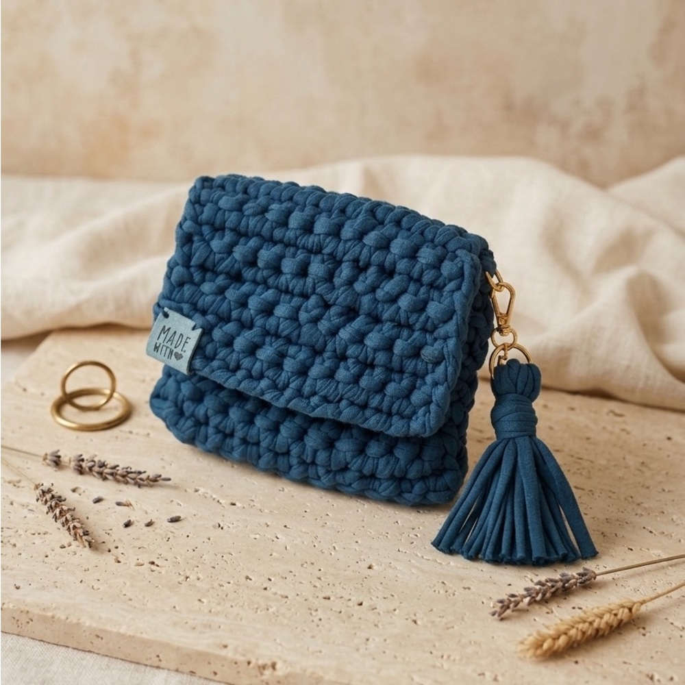 Handcrafted Navy Crocheted Clutch with Tassel Accent